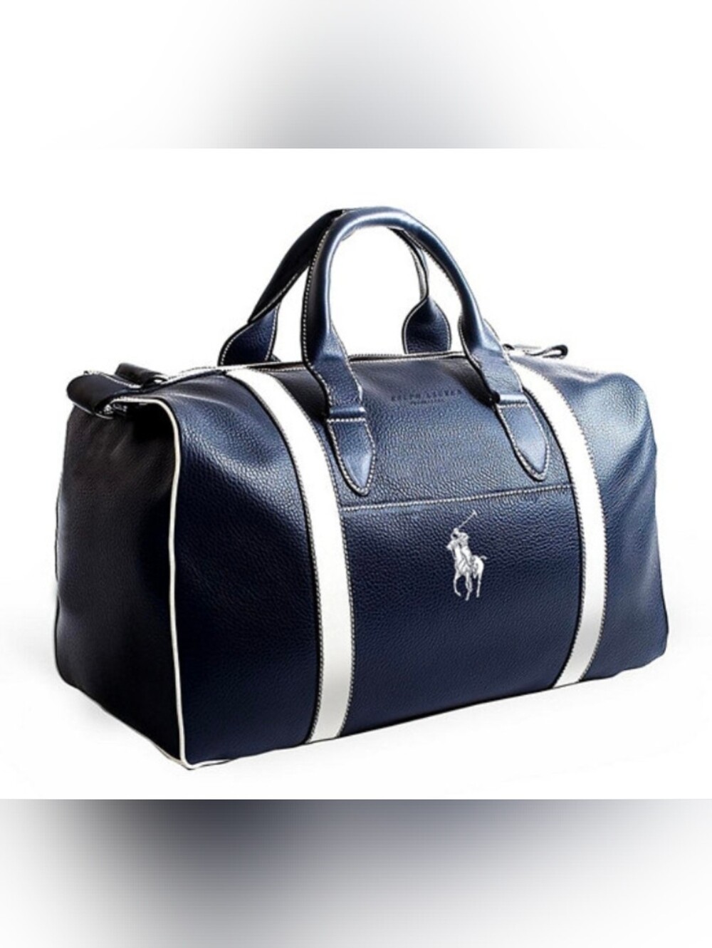 Ralph Lauren Fragrances POLO Duffle Bag Navy Blue White Faux Leather Travel